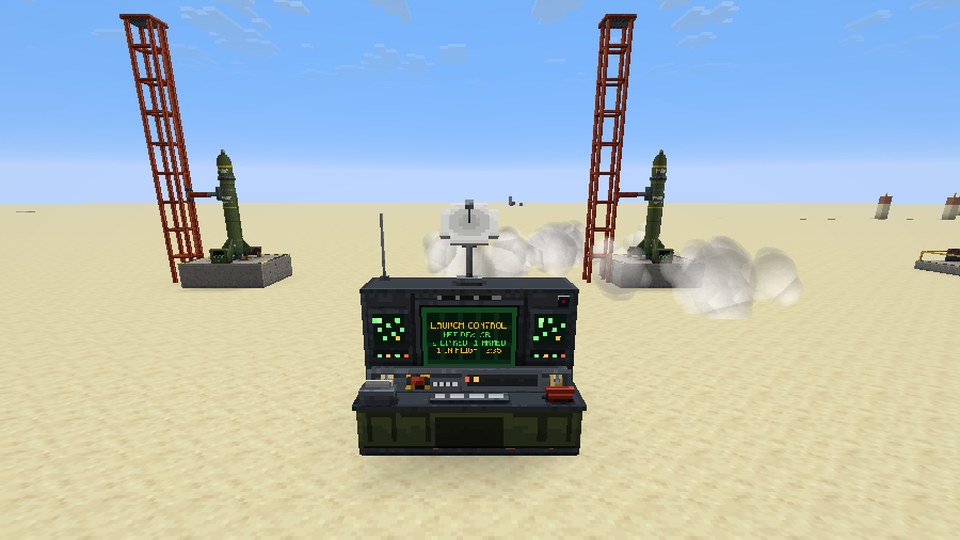 A Launch Control Station console with two missile silos behind it
