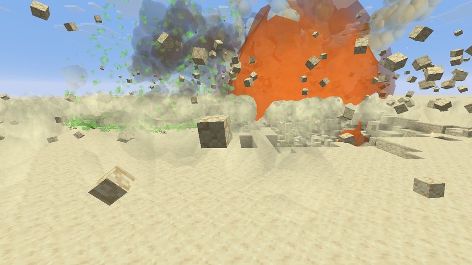 A SCUD strike throwing up fire, smoke and blocks of sand