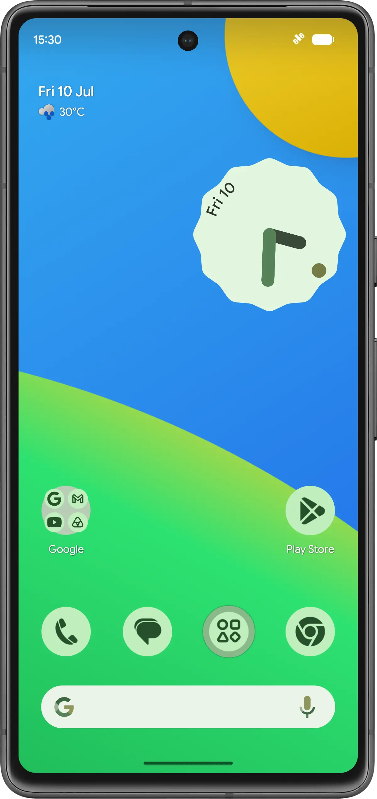 Smartphone home screen shown in day and night themes, featuring Android Material You dynamic color styling across the wallpaper, clock widget, and app icons.