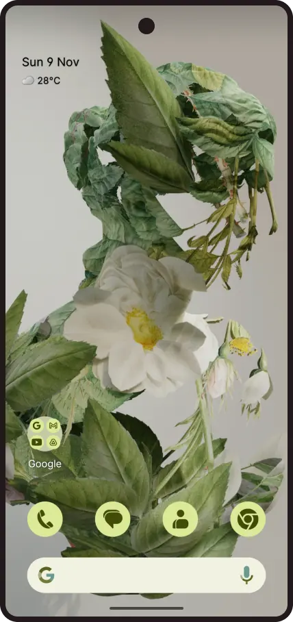 A device running Lawnchair Launcher with green flower wallpaper