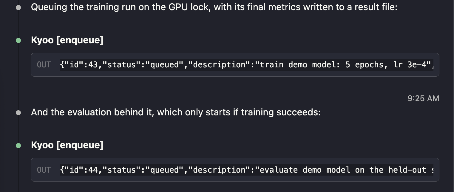 Claude Code calling enqueue for a training job and an evaluation that depends on it