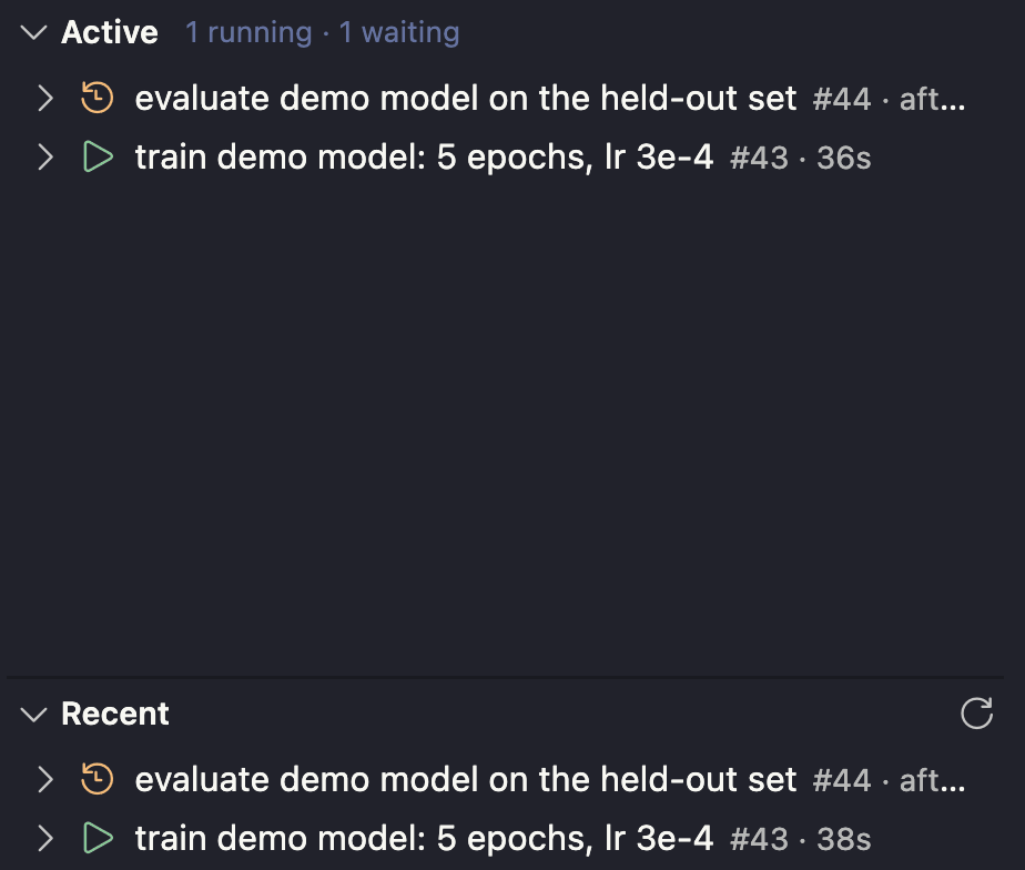 The kyoo sidebar: a training job running on the GPU and an evaluation waiting on it