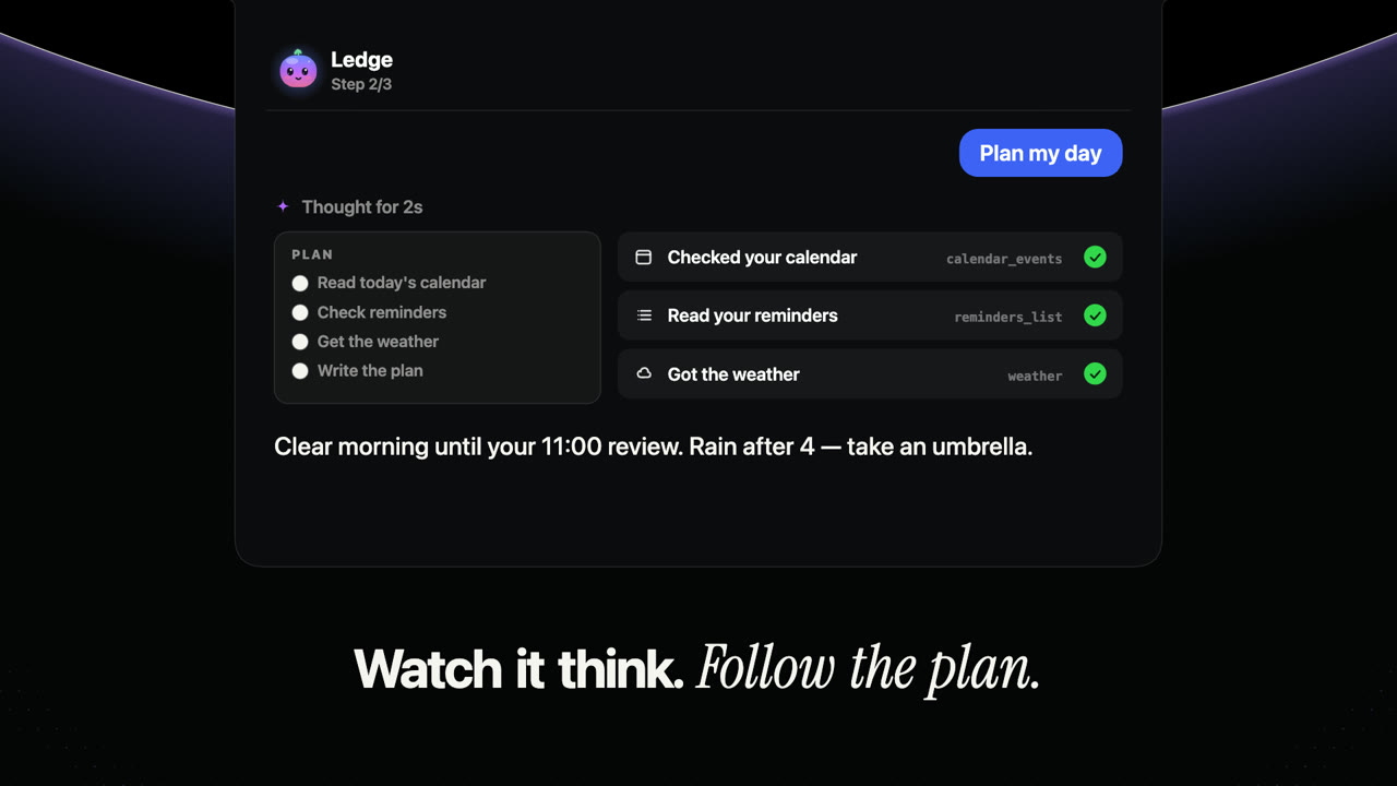 The assistant thinking, following a plan and calling calendar, reminders and weather tools