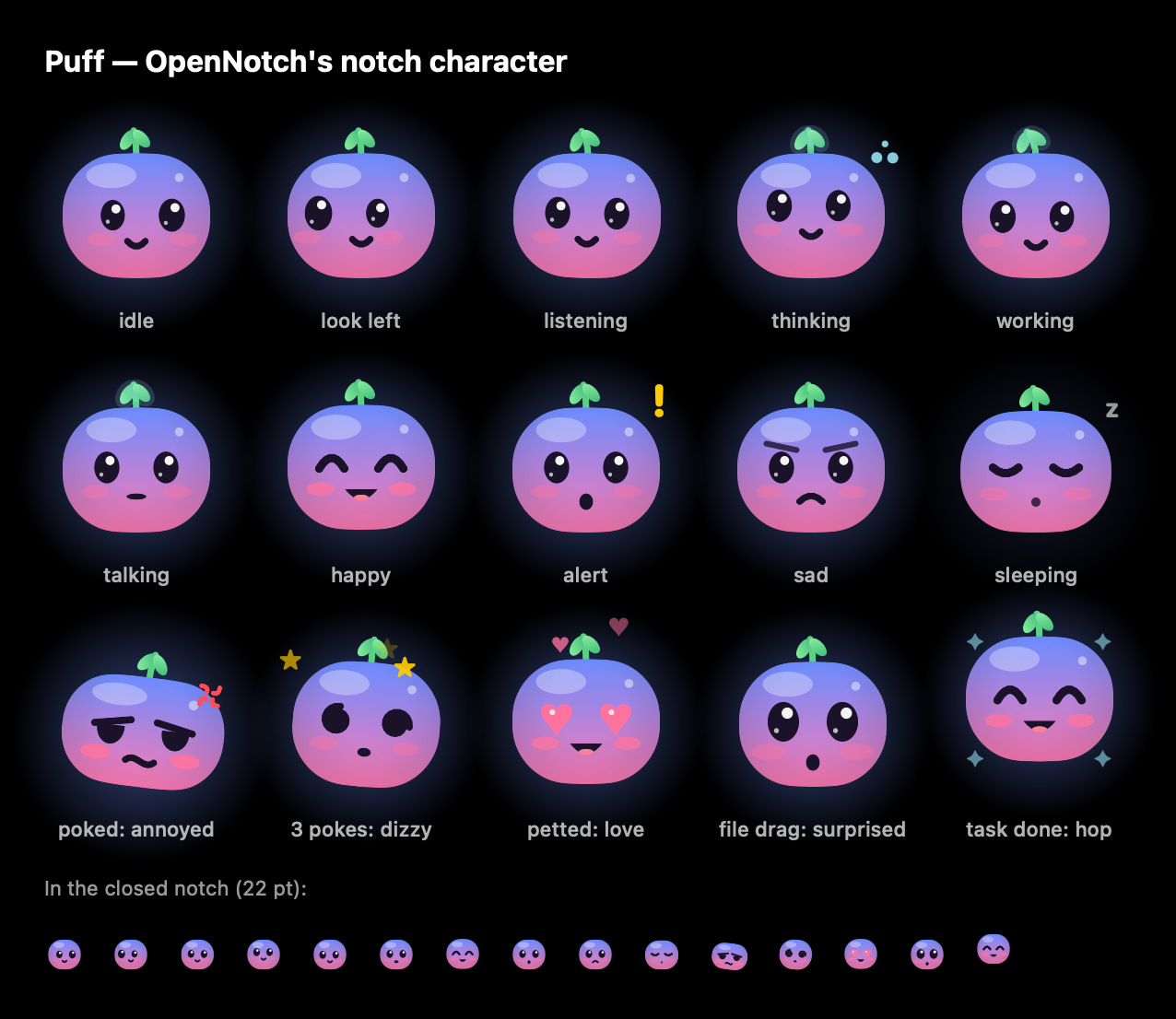 Puff, the notch character, in every mood