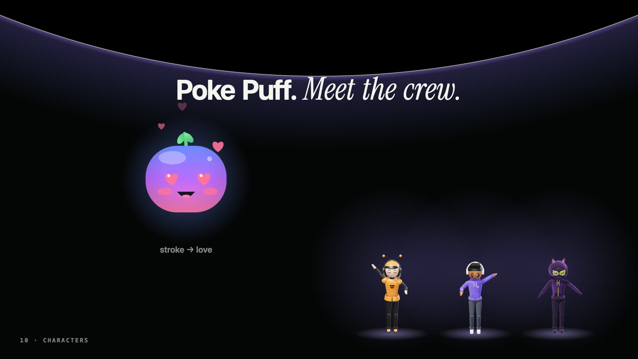 Puff, the notch character, and the Bee, Ledge and Cat desktop companions