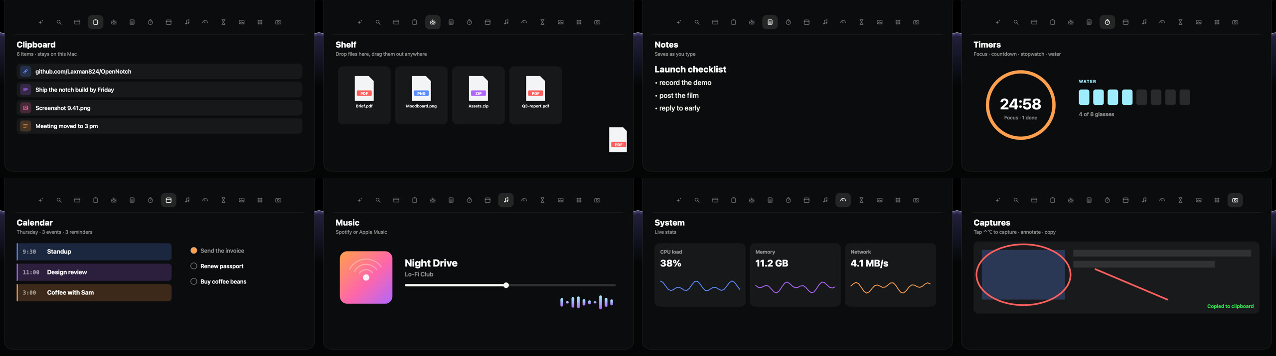 Clipboard, Shelf, Notes, Timers, Calendar, Music, System and Captures modules