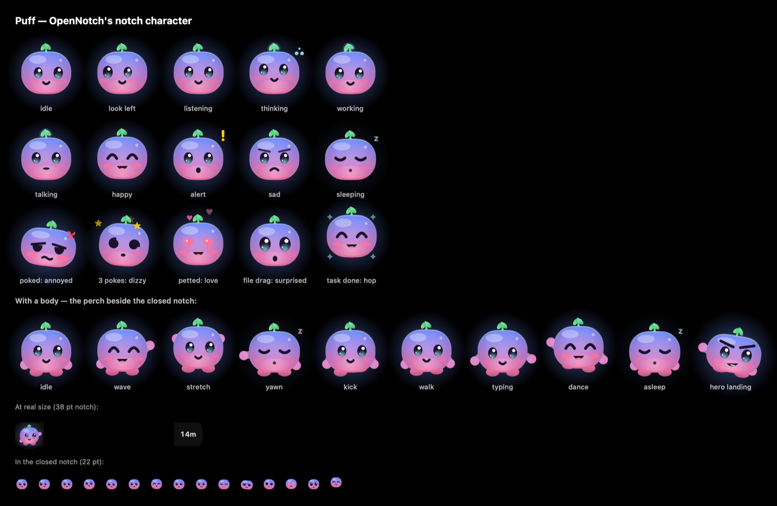 Puff, the notch character, in every mood