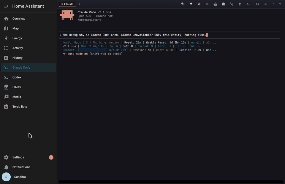 The /ha-debug skill finding why a Home Assistant button went unavailable, from the console in the sidebar