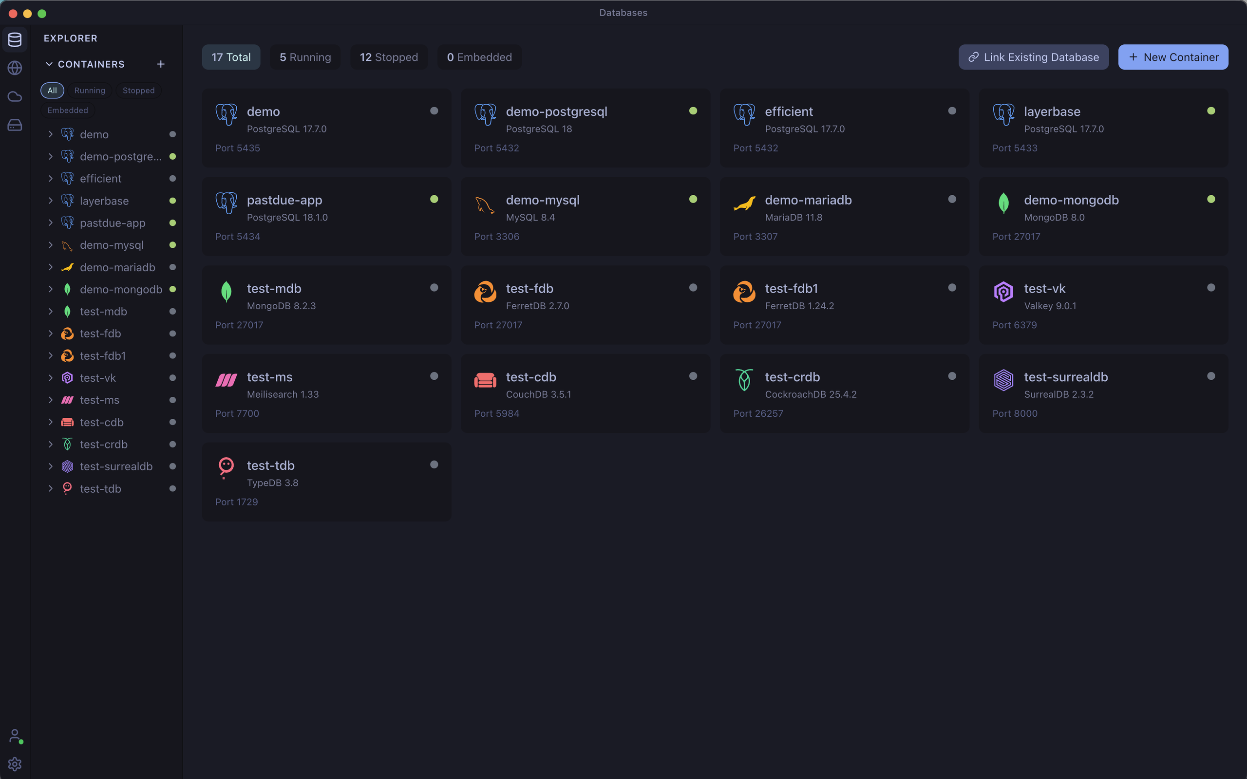 Layerbase Desktop managing 17 database containers across PostgreSQL, MySQL, MariaDB, MongoDB, FerretDB, Valkey, Meilisearch, CouchDB, CockroachDB, SurrealDB, and TypeDB