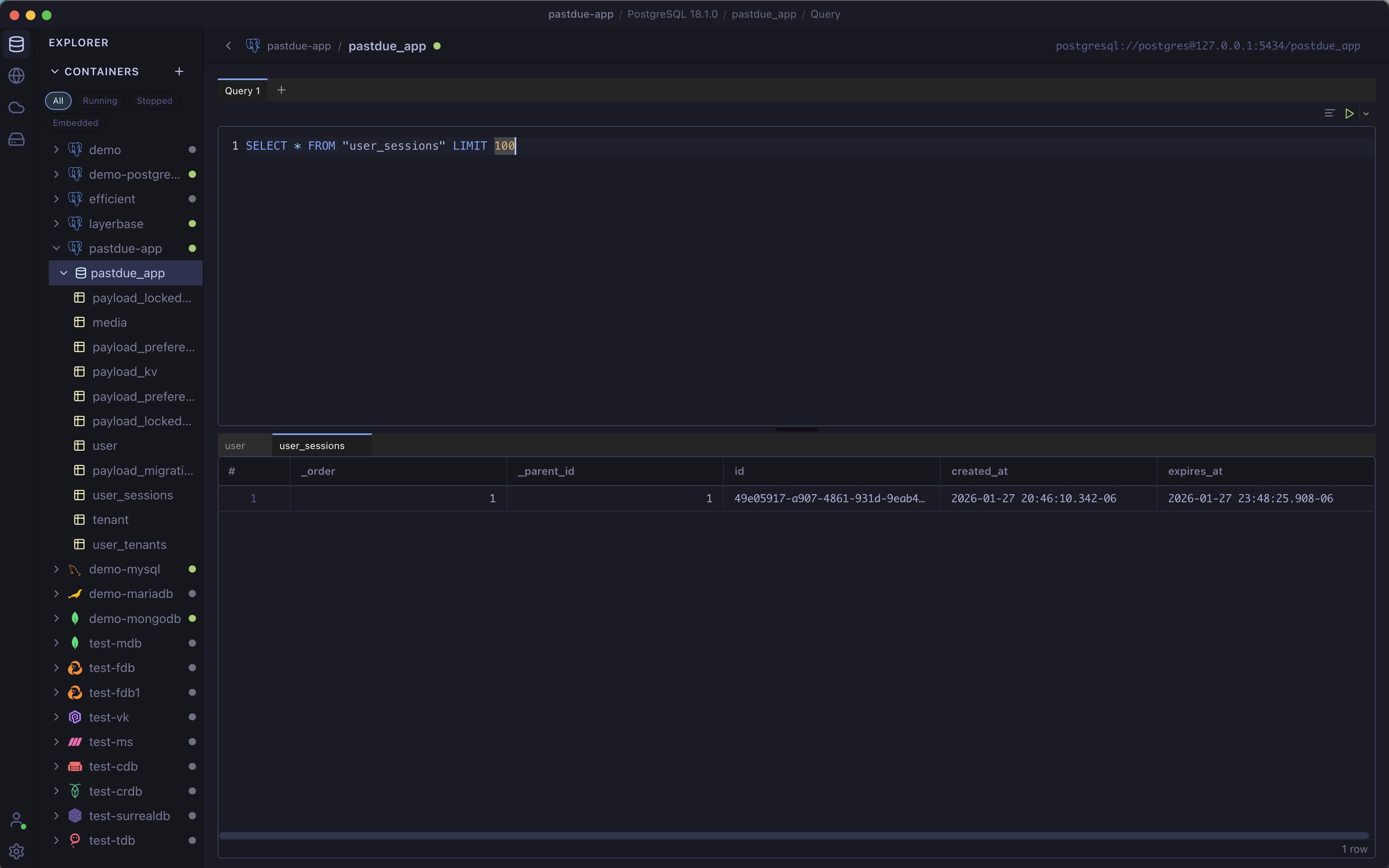 Layerbase Desktop query console running SQL against a local PostgreSQL 18 database