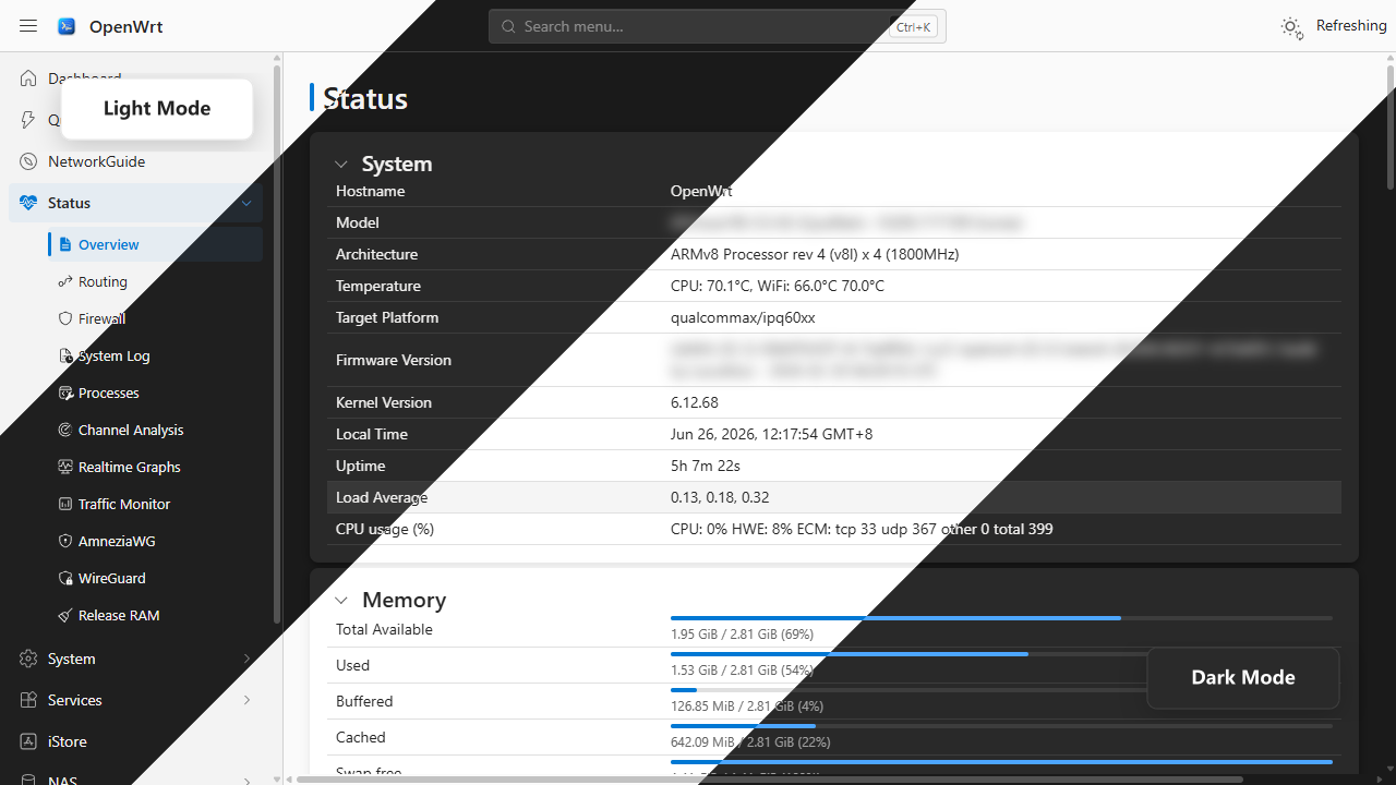 https://raw.githubusercontent.com/LazuliKao/luci-theme-fluent/refs/heads/main/screenshots/overview_theme_comparison.png
