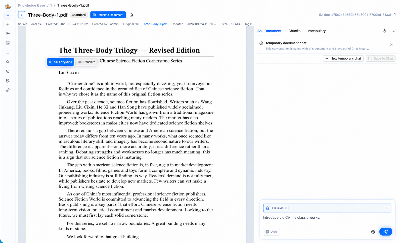 Select text in a PDF and ask a question in the document conversation