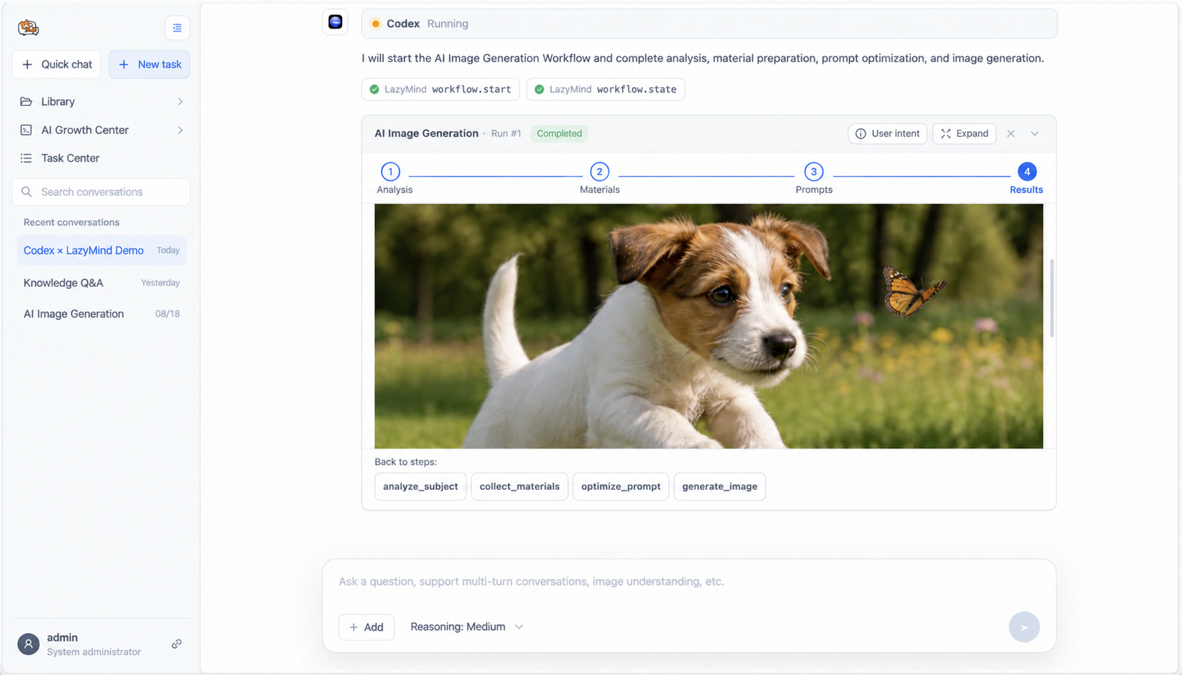 Codex controls LazyMind to generate images and displays the workflow result