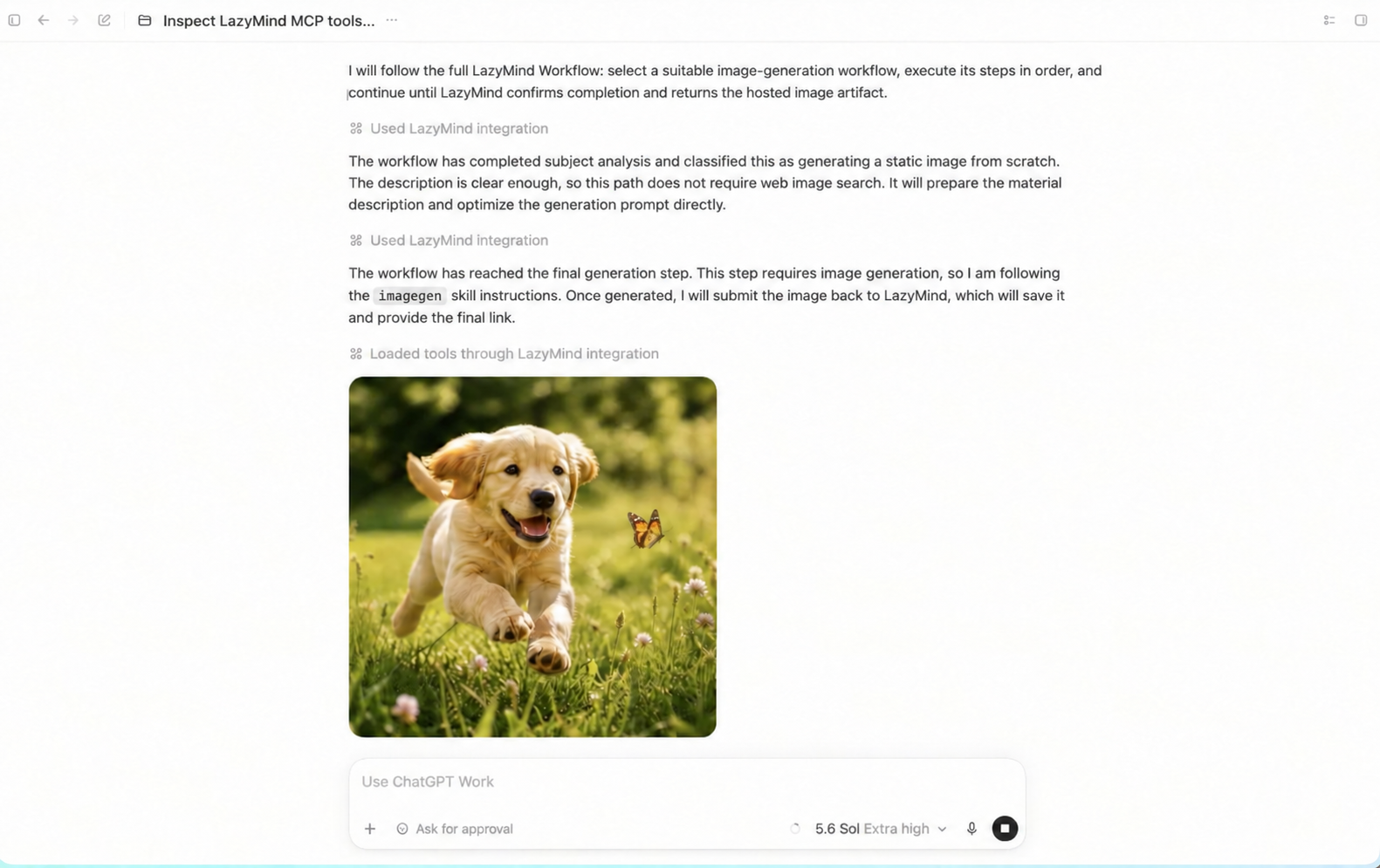 Codex follows a LazyMind Workflow to generate and return an image artifact