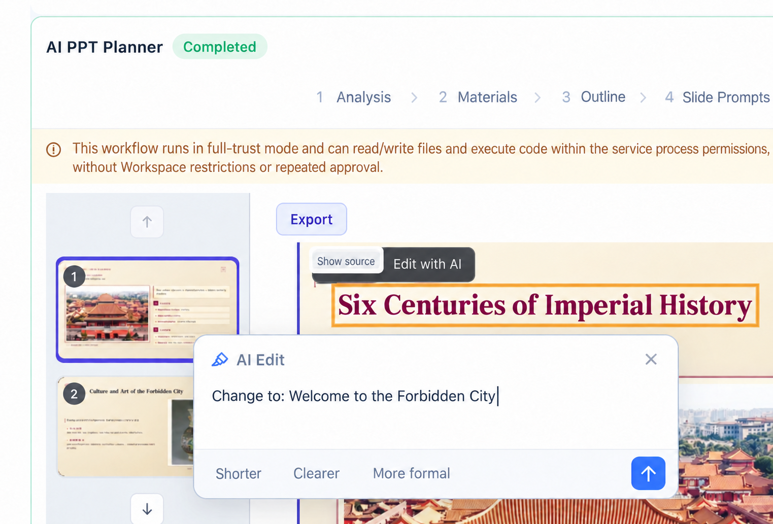 Select slide content and describe changes in natural language