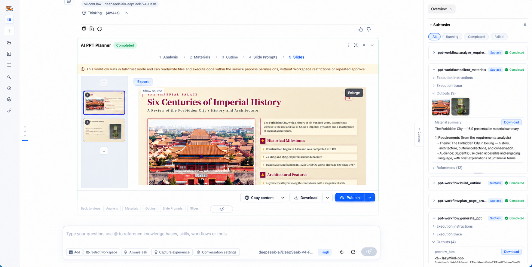 Gather material from the web, generate slides, and drag the left thumbnails to reorder pages