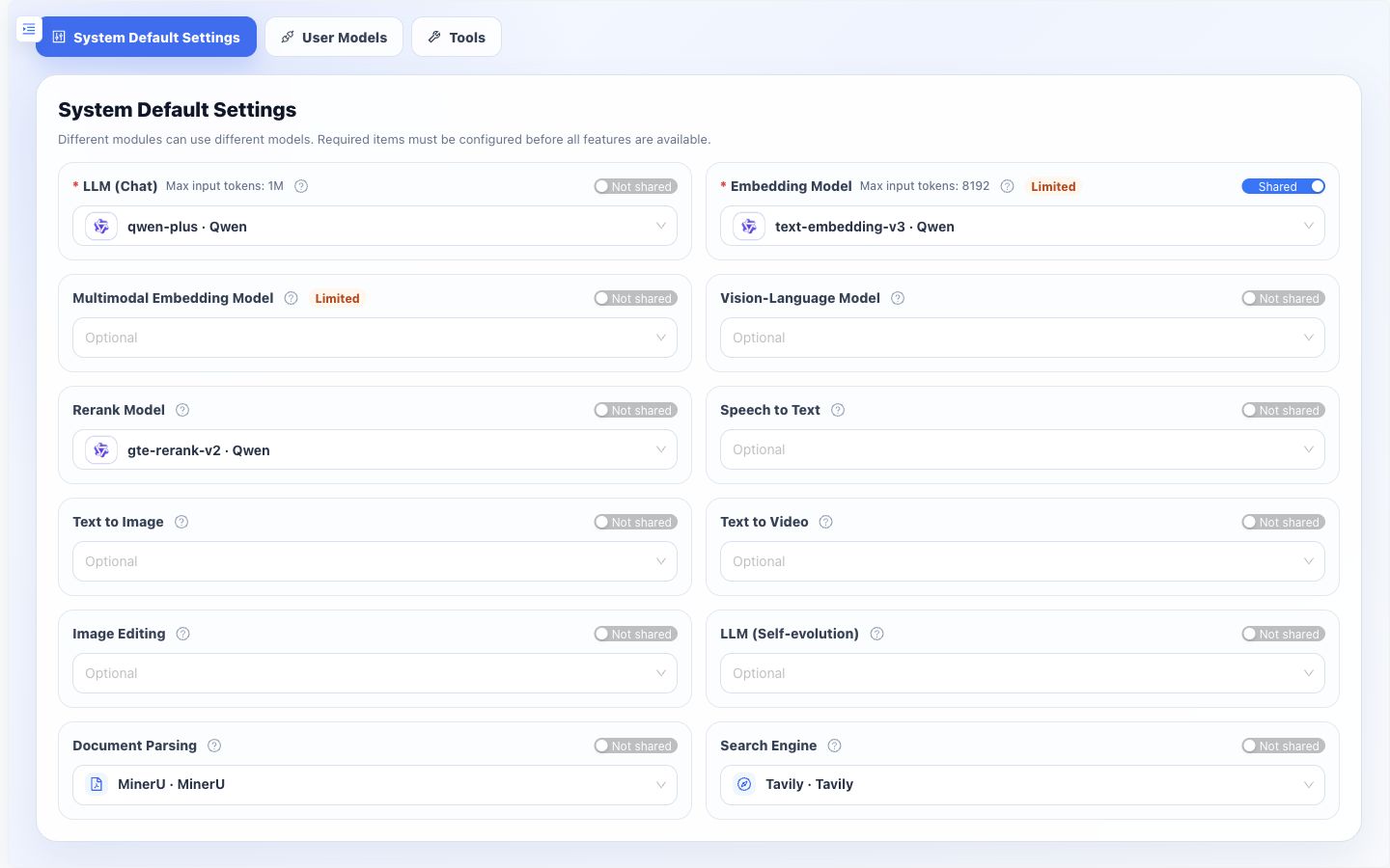 Select default models in frontend settings
