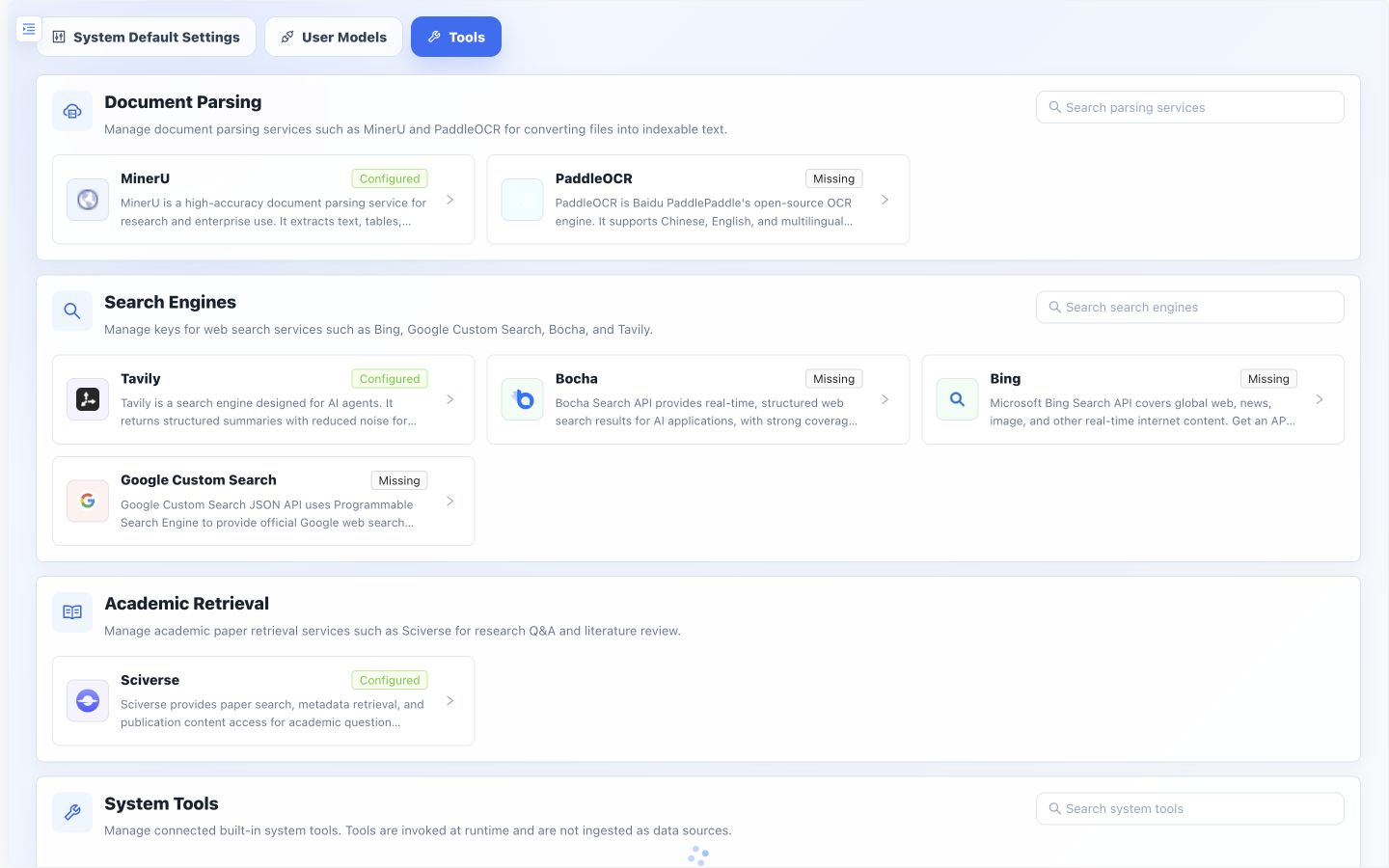 Configure document parsing and search providers in frontend settings