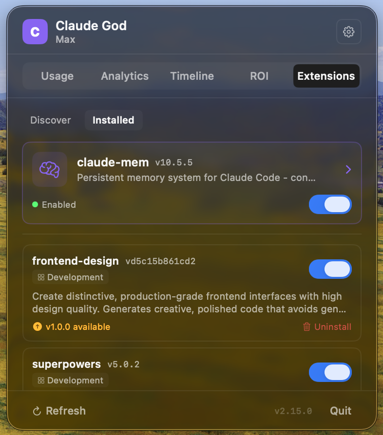 Extensions — manage installed plugins