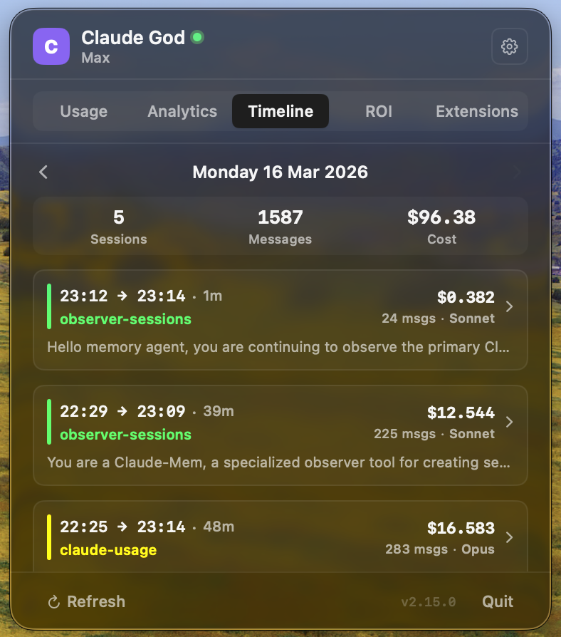 Timeline — session history with topics and costs