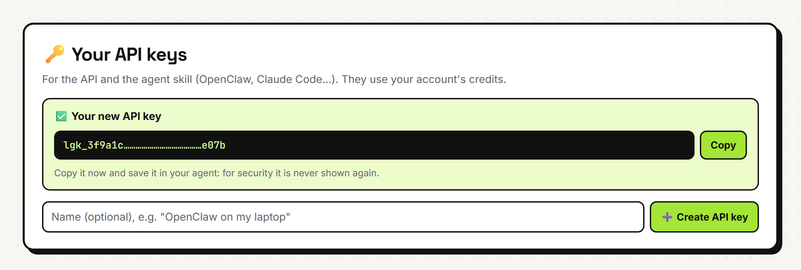 The Create API key button on the API & Agents page