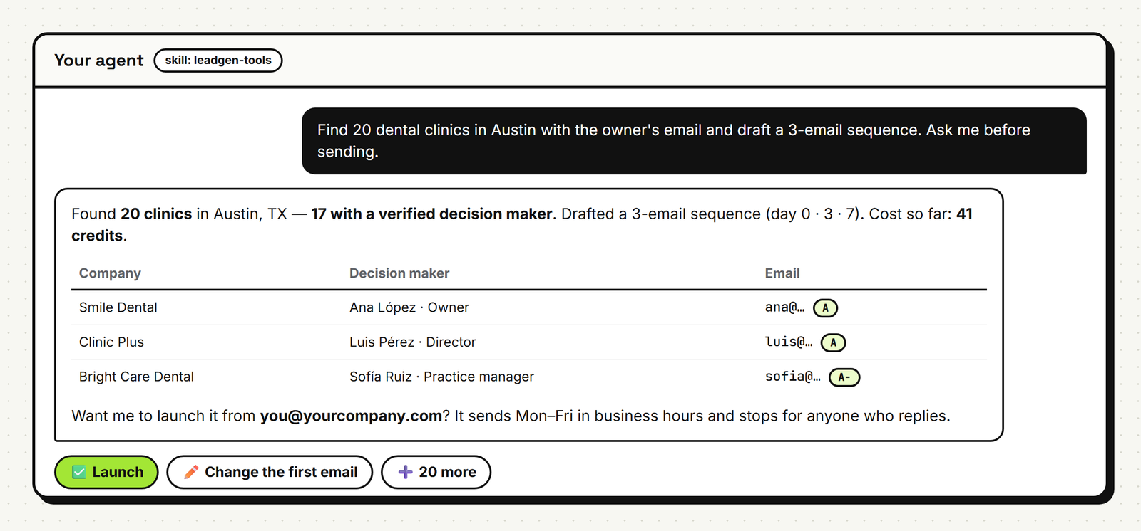 Example: the agent finds 20 dental clinics in Austin with their decision makers and drafts a 3-email sequence