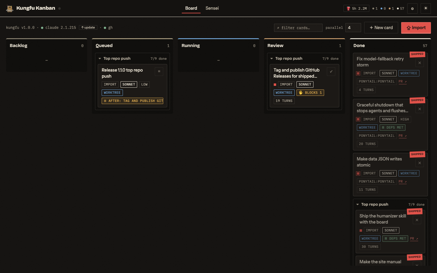 Kungfu Kanban board — dark theme, five columns, grouped cards with live agent telemetry