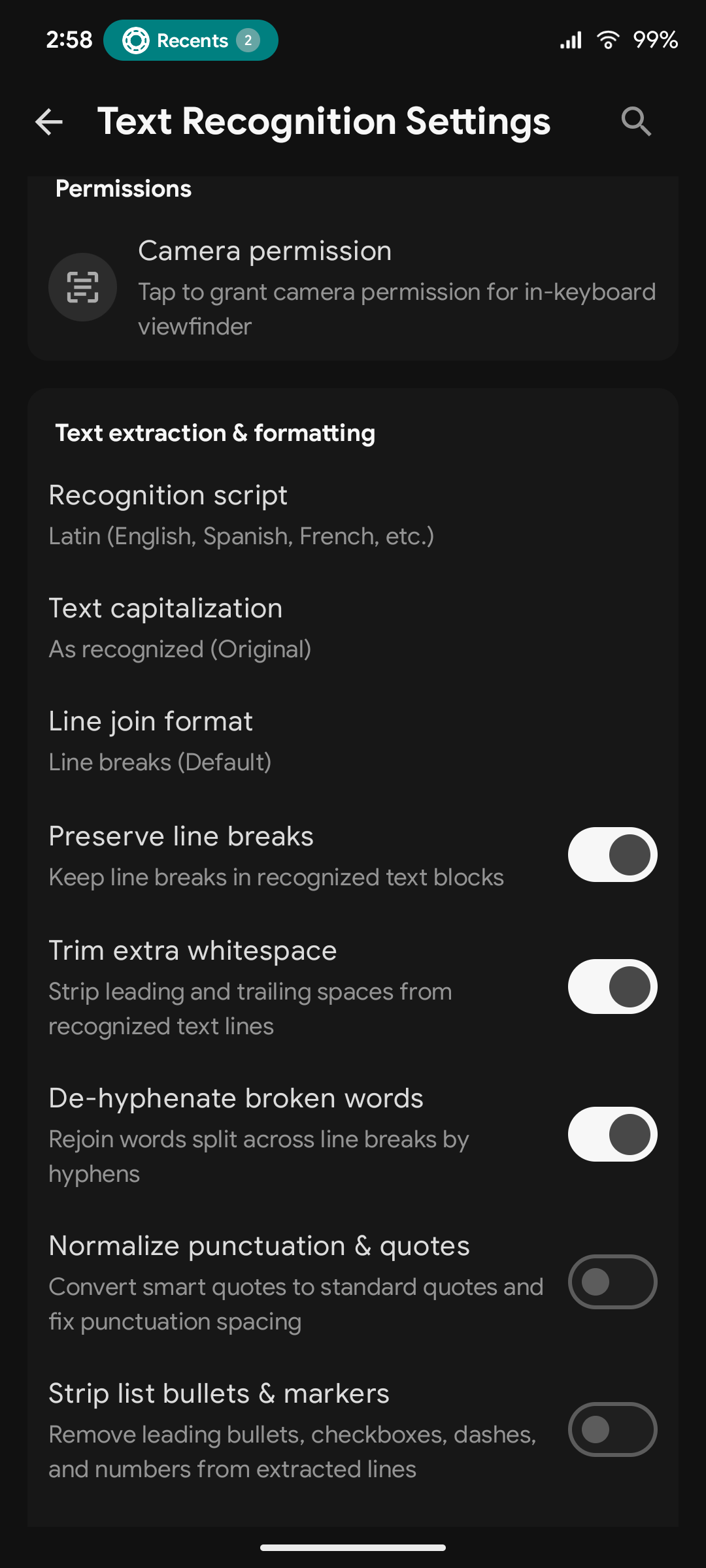 Text Recognition Settings