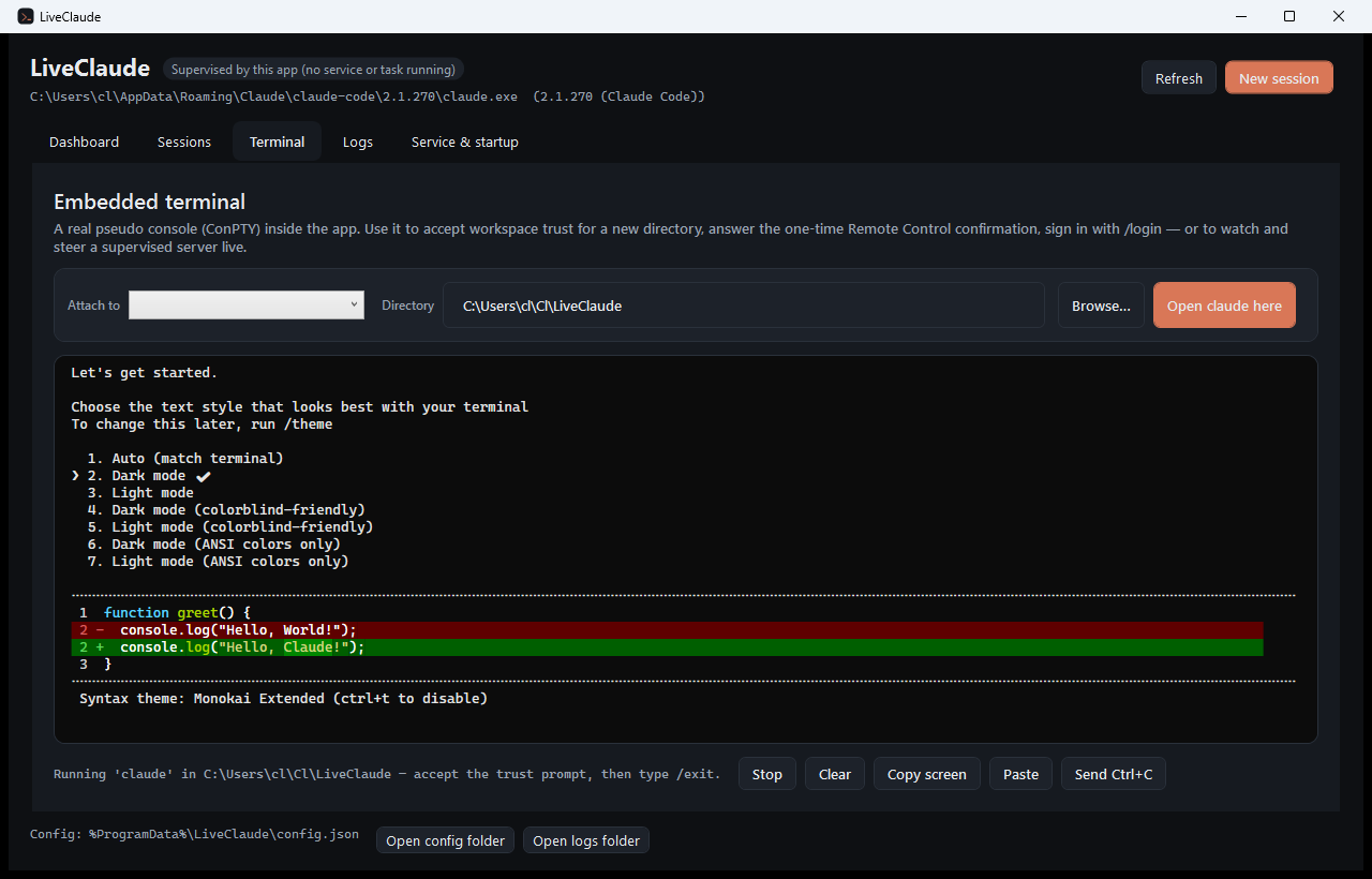 The embedded terminal running Claude Code