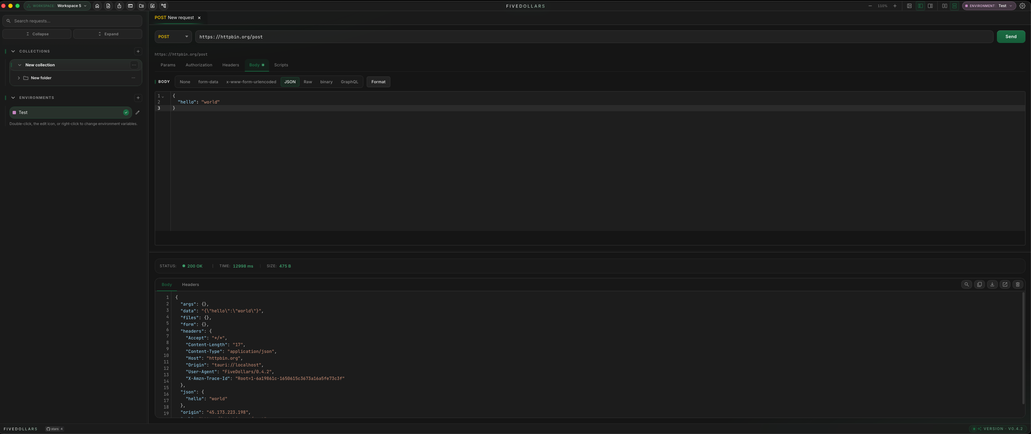 FiveDollars: request editor with a live response