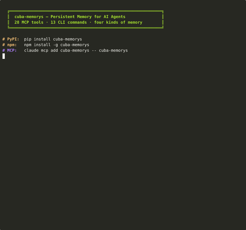 MemoryIndustry terminal demo — hybrid search, claim verification with an LLM judge, procedural memory, and the CLI