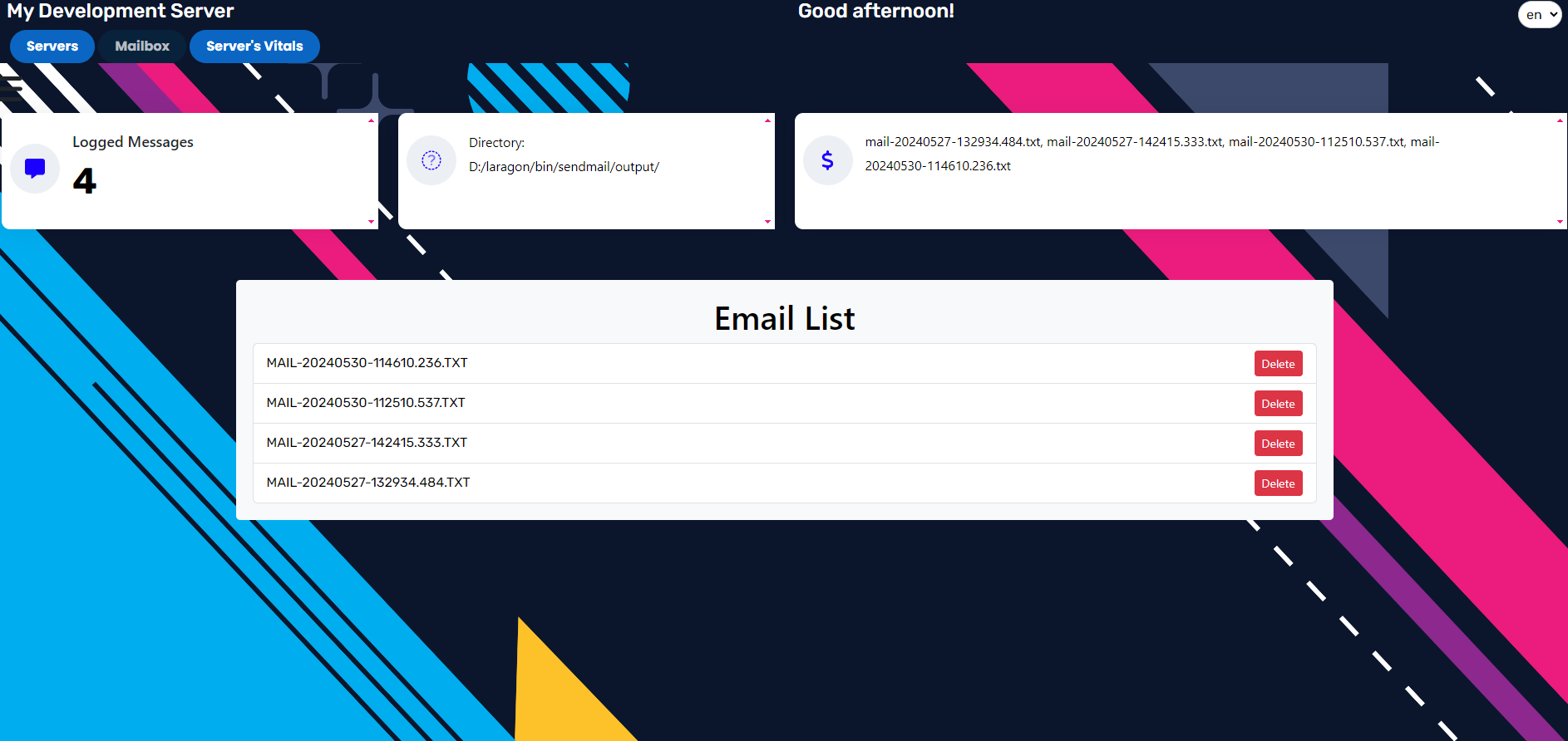 Screenshot of Laragon Dashboard Mailbox