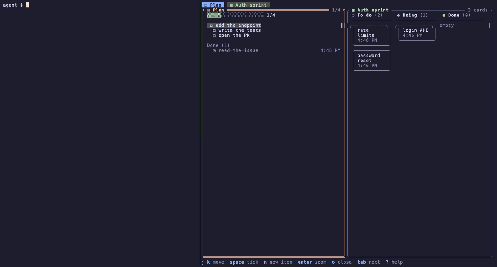 An agent's shell on the left runs one-line commands; the board on the right ticks the checklist, moves the card to Done, and shows the log, the chat and the chart as they are written