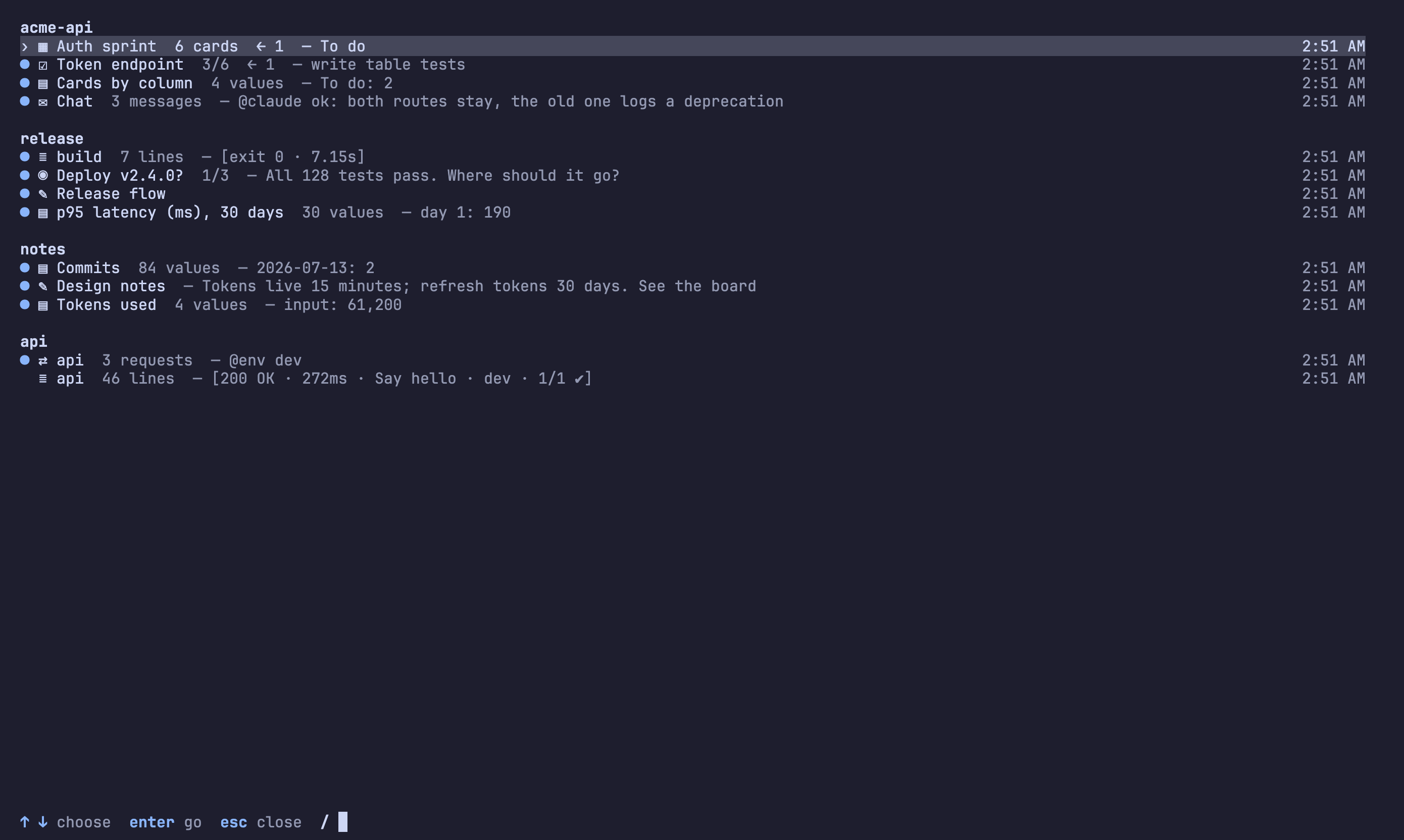 The index: every note of every tab in a line, with what it counts and a gist