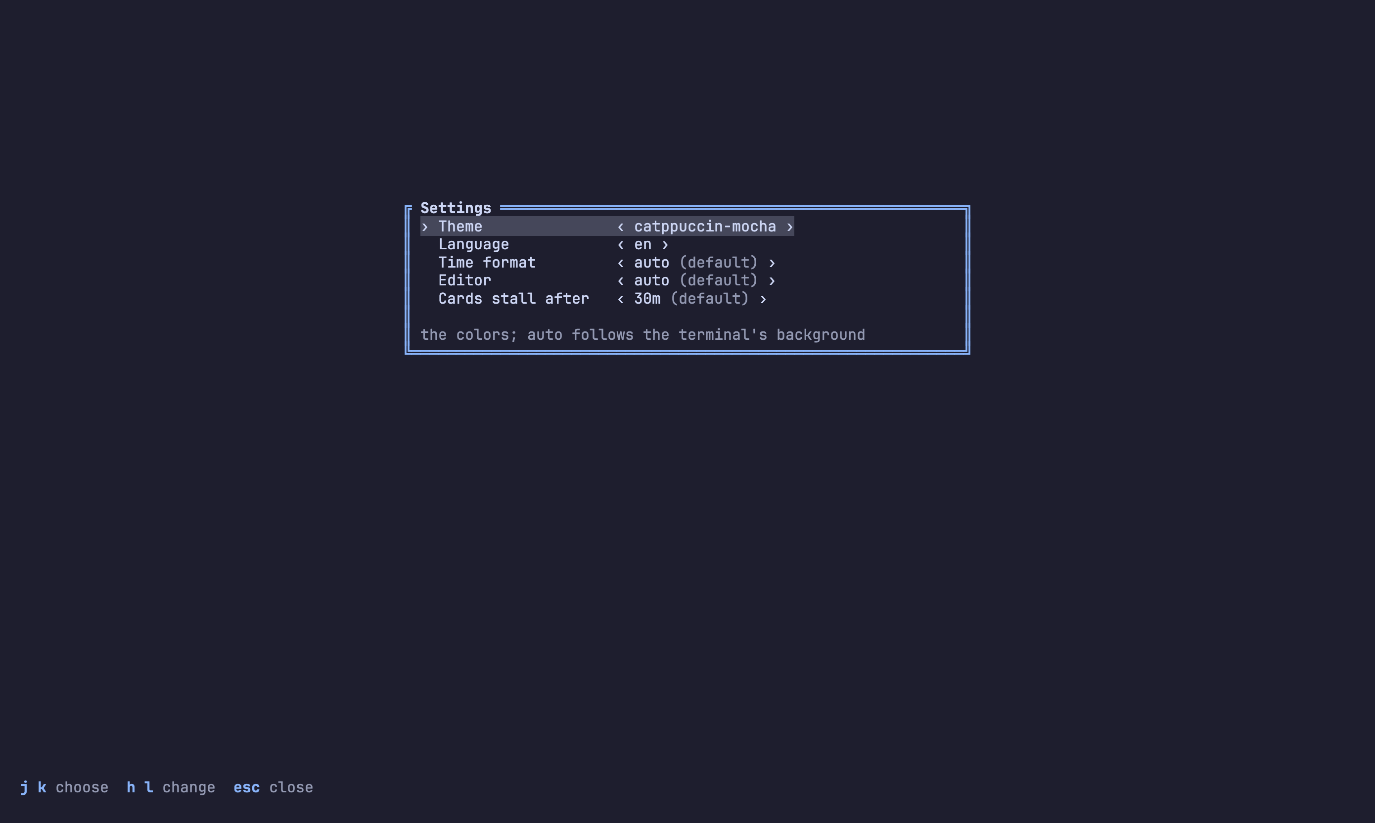 The settings panel: theme, language, time format, editor and when a card counts as stalled, each with a default