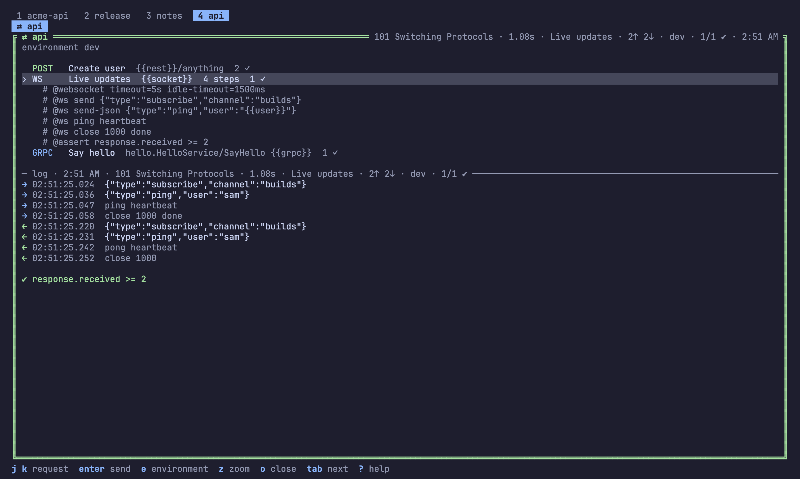 An API tab: a POST, a WebSocket session and a gRPC call, with the picked session's transcript under them