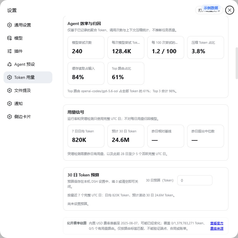 Agent 效率与归因：尝试次数、压缩率、缓存占比、路由集中度与运行率