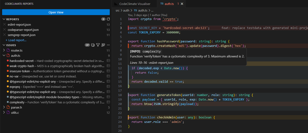 Sidebar with issues list and inline editor decorations