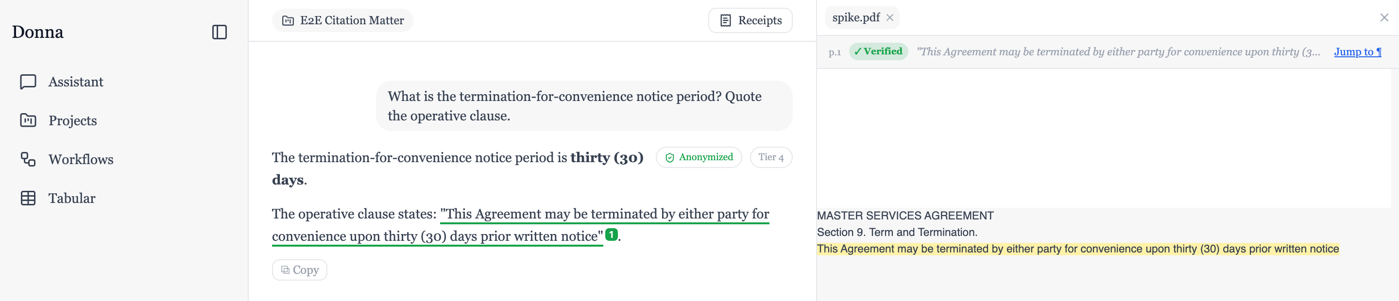 Donna — chat with character-verified citations and the document panel