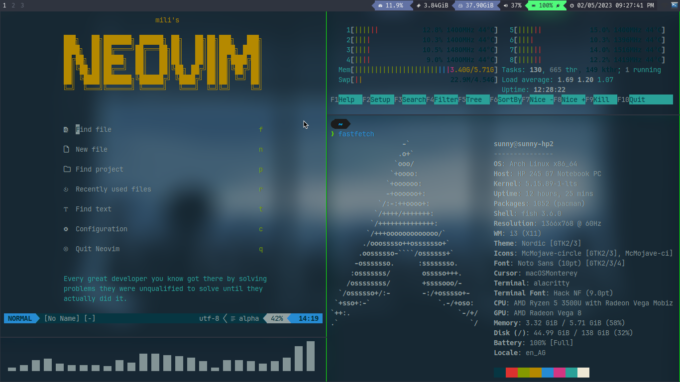 nvim, tmux, i3 screenshot