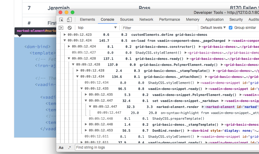 Screenshot of profiler output in the browser's console