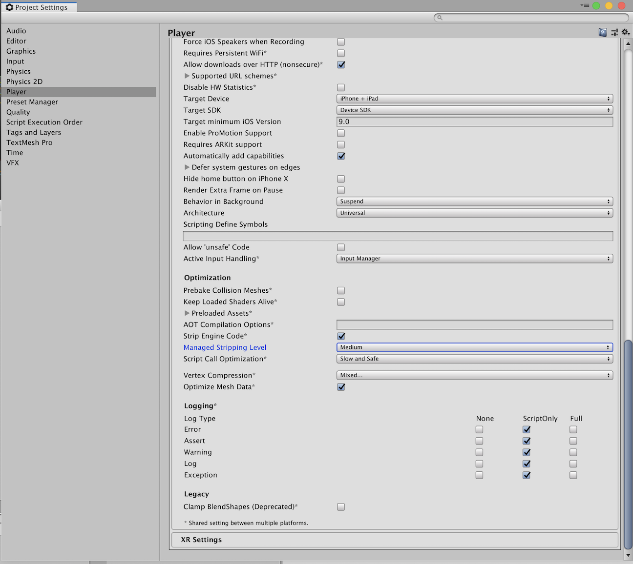 Managed Code Stripping Project Settings