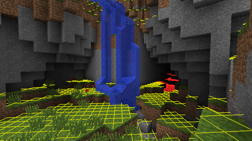 Screenshot of Minecraft Beta 1.7.3 with the SafeSquares mod activated, showing an area of sunlit grass with a yellow cross overlay, indicating that monsters can spawn on those blocks at night; and a cave in the distance with a red cross overlay, indicating that monsters can spawn on those blocks at all times of day.