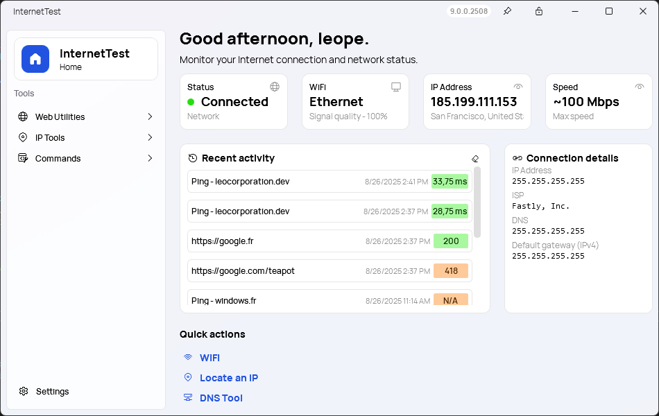 A screenshot of the 'Home' page of InternetTest Pro
