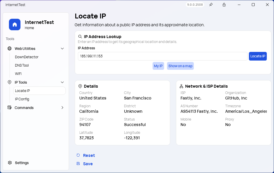 A screenshot of the 'Locate IP' page of InternetTest Pro