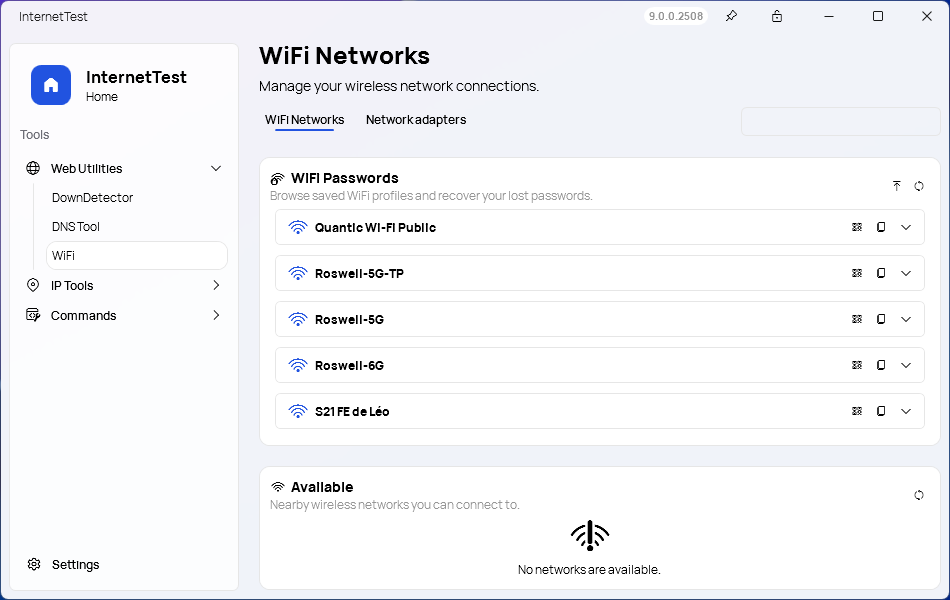 A screenshot of the 'Recover WiFi Passwords' page of InternetTest Pro