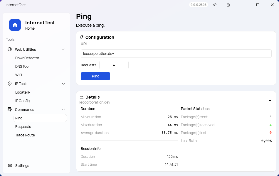 A screenshot of the 'Ping' page of InternetTest Pro