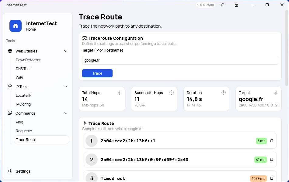 A screenshot of the 'Trace Route' page of InternetTest Pro