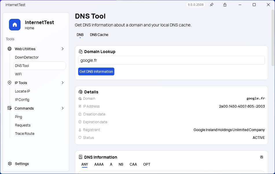 A screenshot of the 'DNS Tool' page of InternetTest Pro