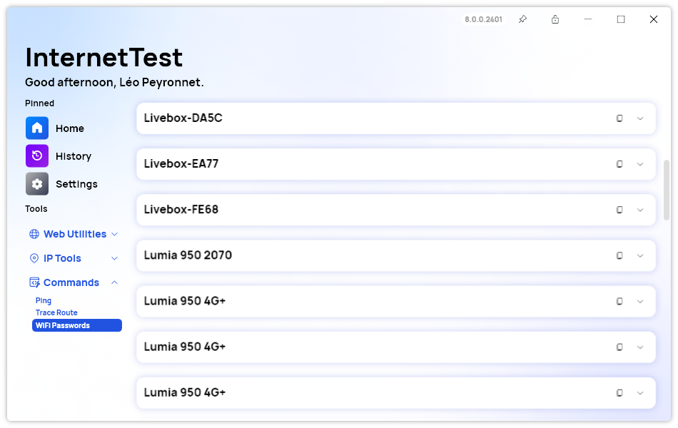 A screenshot of the 'Recover WiFi Passwords' page of InternetTest Pro